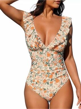 NWT Cupshe Floral Plunging Flutter Strap Tummy Control One-Piece